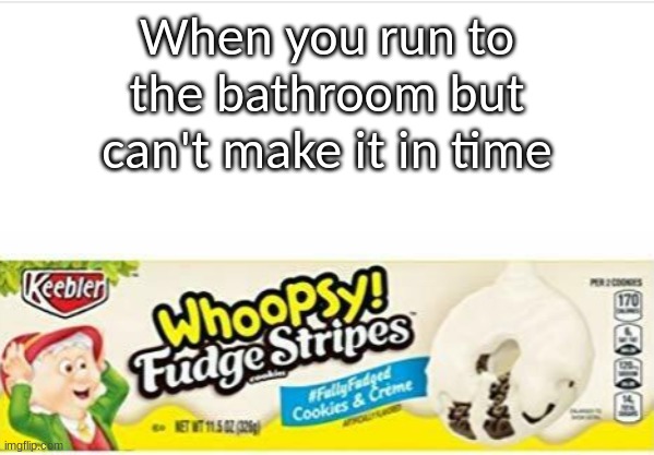 When you run to the bathroom but can't make it in time | image tagged in whoopsy fudge stripes,memes,lol,bathroom humor | made w/ Imgflip meme maker