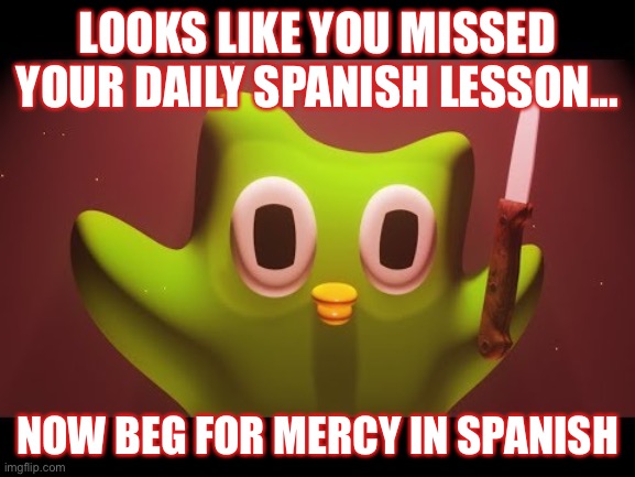 Duolingo evil | LOOKS LIKE YOU MISSED YOUR DAILY SPANISH LESSON... NOW BEG FOR MERCY IN SPANISH | image tagged in duolingo evil | made w/ Imgflip meme maker