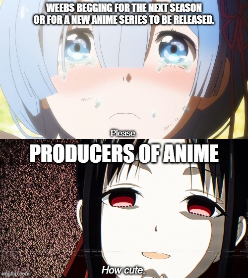Tell Me This Does NOT Happen | WEEBS BEGGING FOR THE NEXT SEASON OR FOR A NEW ANIME SERIES TO BE RELEASED. Please. PRODUCERS OF ANIME; How cute. | image tagged in kaguya-sama how cute,anime,memes,producers,rem crying,weebs | made w/ Imgflip meme maker