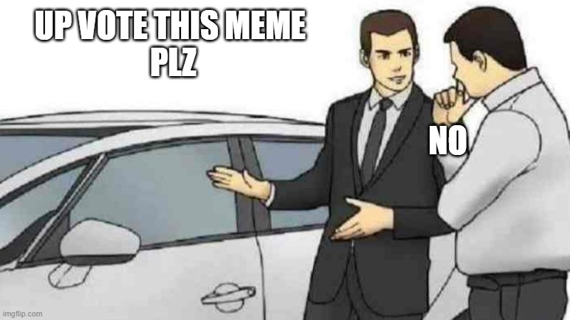 Car Salesman Slaps Roof Of Car | UP VOTE THIS MEME 
PLZ; NO | image tagged in memes,car salesman slaps roof of car | made w/ Imgflip meme maker