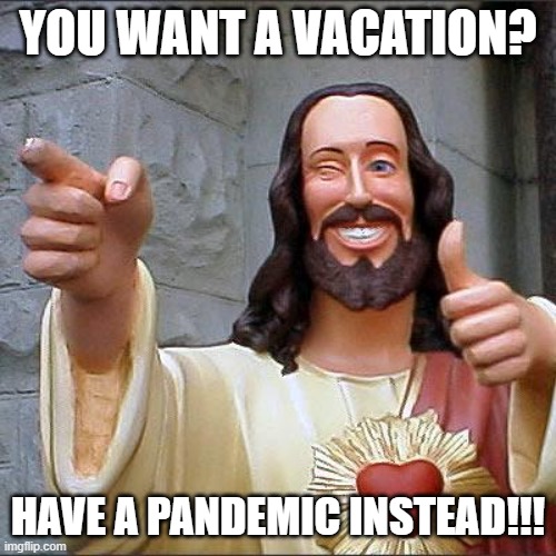 sucks to be youuuu |  YOU WANT A VACATION? HAVE A PANDEMIC INSTEAD!!! | image tagged in memes,buddy christ | made w/ Imgflip meme maker