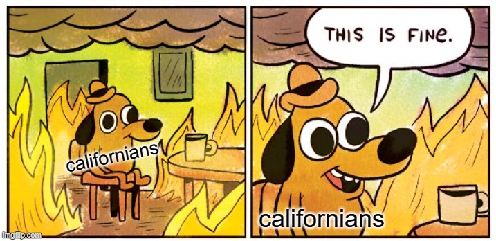 this is NOT fine | californians; californians | image tagged in memes,this is fine | made w/ Imgflip meme maker