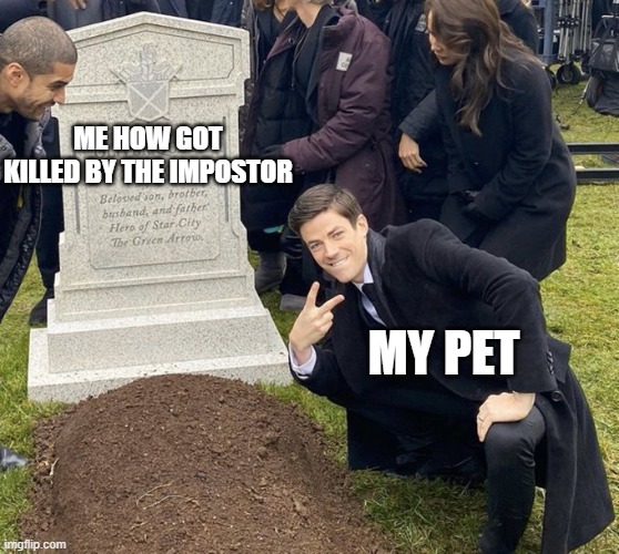 meme | ME HOW GOT KILLED BY THE IMPOSTOR; MY PET | image tagged in barry allen grave | made w/ Imgflip meme maker