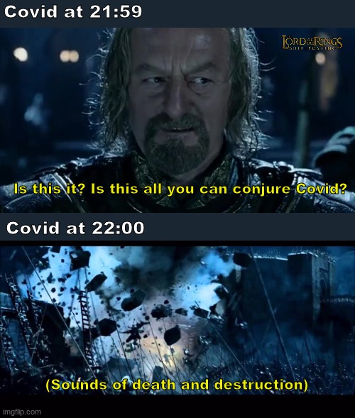 Covid at 21:59; Is this it? Is this all you can conjure Covid? Covid at 22:00; (Sounds of death and destruction) | image tagged in breach helms deep,is this it,theoden,covid-19,coronavirus | made w/ Imgflip meme maker