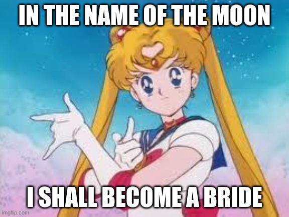in the name of the moon | IN THE NAME OF THE MOON; I SHALL BECOME A BRIDE | image tagged in sailor moon punishes | made w/ Imgflip meme maker