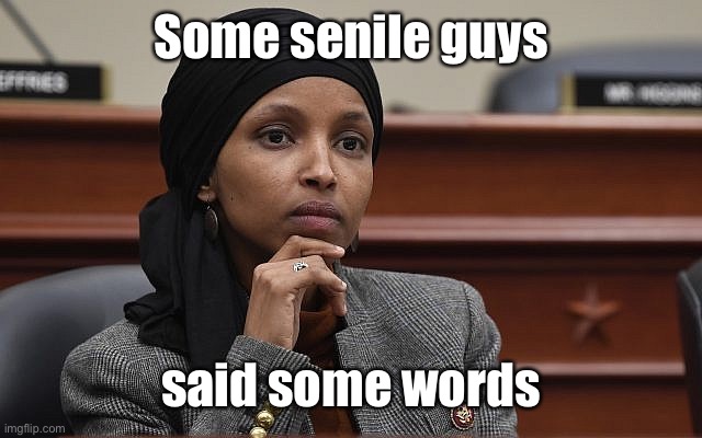 Ilhan Omar Something | Some senile guys said some words | image tagged in ilhan omar something | made w/ Imgflip meme maker