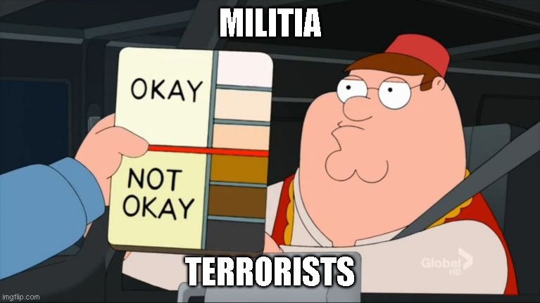 peter griffin color chart | MILITIA; TERRORISTS | image tagged in peter griffin color chart | made w/ Imgflip meme maker