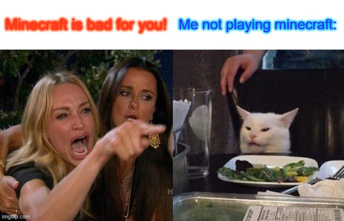 Woman Yelling At Cat | Minecraft is bad for you! Me not playing minecraft: | image tagged in memes,woman yelling at cat | made w/ Imgflip meme maker