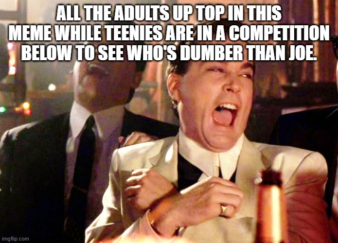 Good Fellas Hilarious Meme | ALL THE ADULTS UP TOP IN THIS MEME WHILE TEENIES ARE IN A COMPETITION BELOW TO SEE WHO'S DUMBER THAN JOE. | image tagged in memes,good fellas hilarious | made w/ Imgflip meme maker