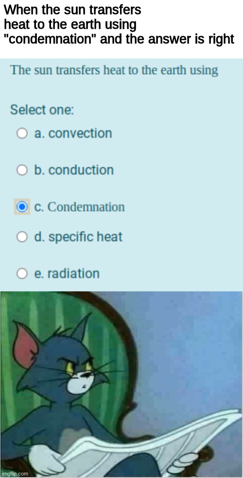 Sun: I CONDEMN YOU | When the sun transfers heat to the earth using "condemnation" and the answer is right | image tagged in interrupting tom's read,condemnation | made w/ Imgflip meme maker