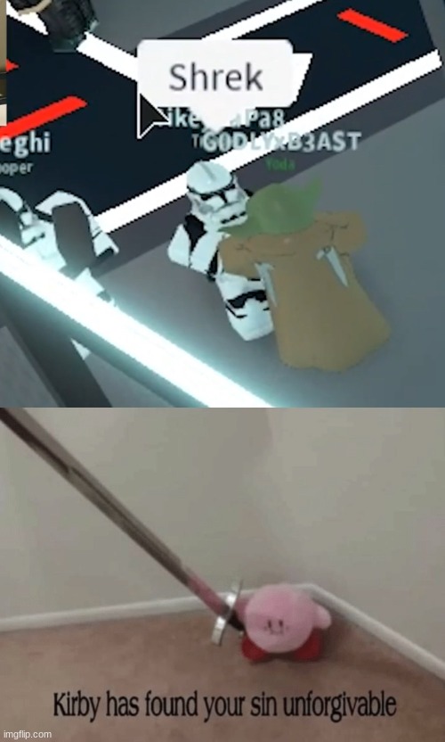 Just how do you get that wrong | image tagged in kirby has found your sin unforgivable,confused stormtrooper in roblox | made w/ Imgflip meme maker