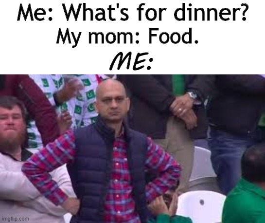 Lol we all know its true | Me: What's for dinner? My mom: Food. ME: | image tagged in funny meme | made w/ Imgflip meme maker