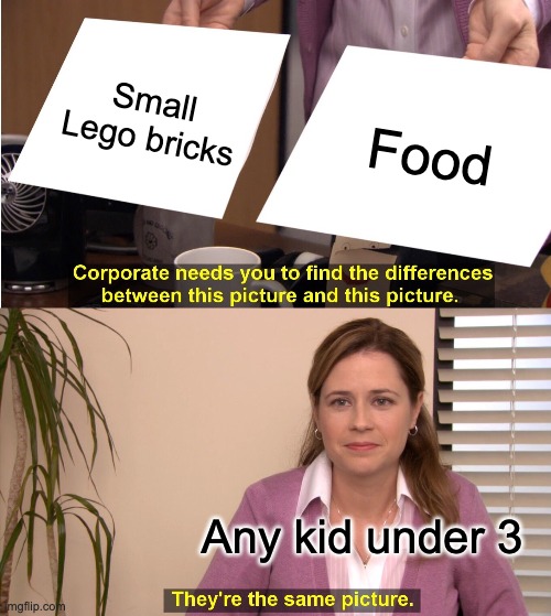 They're The Same Picture Meme | Small Lego bricks; Food; Any kid under 3 | image tagged in memes,they're the same picture | made w/ Imgflip meme maker