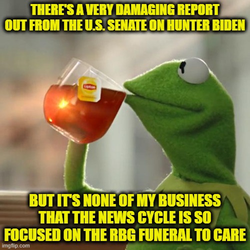 I'm not Saying It, but I'm just Sayin' . . . | THERE'S A VERY DAMAGING REPORT OUT FROM THE U.S. SENATE ON HUNTER BIDEN; BUT IT'S NONE OF MY BUSINESS THAT THE NEWS CYCLE IS SO FOCUSED ON THE RBG FUNERAL TO CARE | image tagged in memes,but that's none of my business,kermit the frog | made w/ Imgflip meme maker