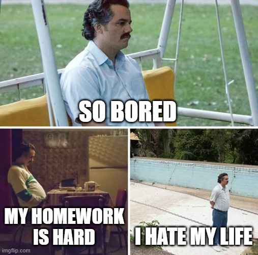 :C | SO BORED; MY HOMEWORK IS HARD; I HATE MY LIFE | image tagged in memes,sad pablo escobar | made w/ Imgflip meme maker