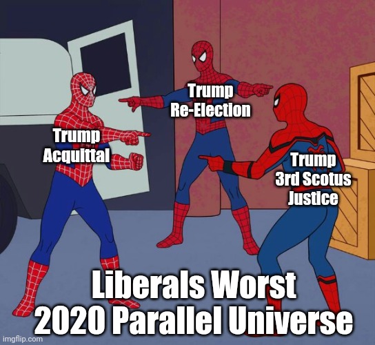 Liberals nightmares | Trump Re-Election; Trump Acquittal; Trump 3rd Scotus Justice; Liberals Worst 2020 Parallel Universe | image tagged in spider man triple,nightmare,scotus,trump | made w/ Imgflip meme maker