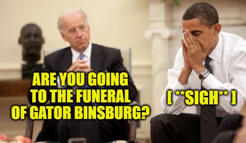 Biden Obama | [ **SIGH** ]; ARE YOU GOING TO THE FUNERAL OF GATOR BINSBURG? | image tagged in biden obama | made w/ Imgflip meme maker