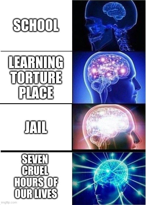 School |  SCHOOL; LEARNING
TORTURE
PLACE; JAIL; SEVEN 
CRUEL 
HOURS  OF
OUR LIVES | image tagged in memes,expanding brain,school meme,i hate school,middle school | made w/ Imgflip meme maker