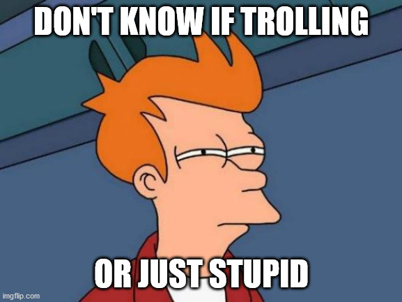 Futurama Fry | DON'T KNOW IF TROLLING; OR JUST STUPID | image tagged in memes,futurama fry | made w/ Imgflip meme maker
