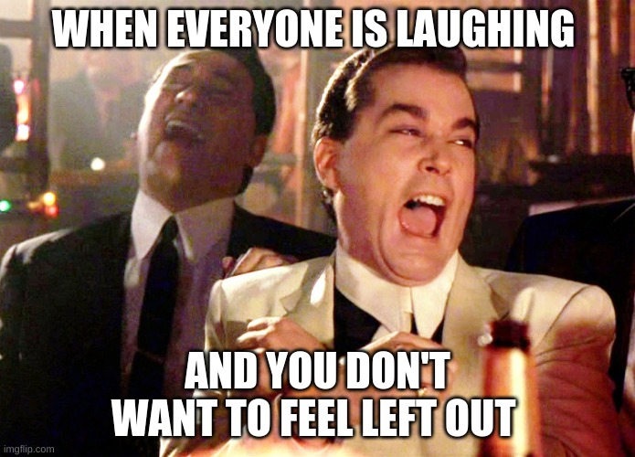 Good Fellas Hilarious | WHEN EVERYONE IS LAUGHING; AND YOU DON'T WANT TO FEEL LEFT OUT | image tagged in memes,good fellas hilarious | made w/ Imgflip meme maker