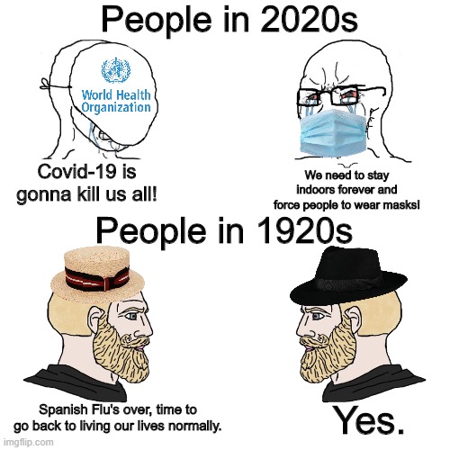 People in 2020s vs 1920s | People in 2020s; Covid-19 is gonna kill us all! We need to stay indoors forever and force people to wear masks! People in 1920s; Yes. Spanish Flu's over, time to go back to living our lives normally. | image tagged in crying wojak / i know chad meme,covid-19,hysteria,pandemic,2020 | made w/ Imgflip meme maker