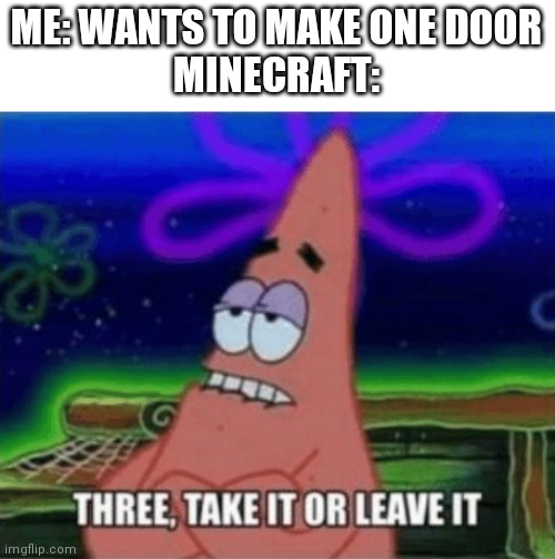 Three, Take it or leave it | ME: WANTS TO MAKE ONE DOOR
MINECRAFT: | image tagged in three take it or leave it,minecraft | made w/ Imgflip meme maker