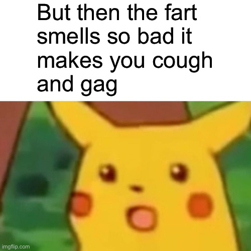 Surprised Pikachu Meme | But then the fart
smells so bad it
makes you cough
and gag | image tagged in memes,surprised pikachu | made w/ Imgflip meme maker