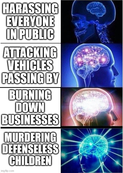 Peaceful Protesters be like... | HARASSING EVERYONE IN PUBLIC; ATTACKING VEHICLES PASSING BY; BURNING DOWN BUSINESSES; MURDERING DEFENSELESS CHILDREN | image tagged in expanding brain,thugs,angry mob,democrats,liberal logic | made w/ Imgflip meme maker