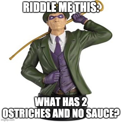 Can you figure it out? | RIDDLE ME THIS:; WHAT HAS 2 OSTRICHES AND NO SAUCE? | image tagged in the riddler | made w/ Imgflip meme maker