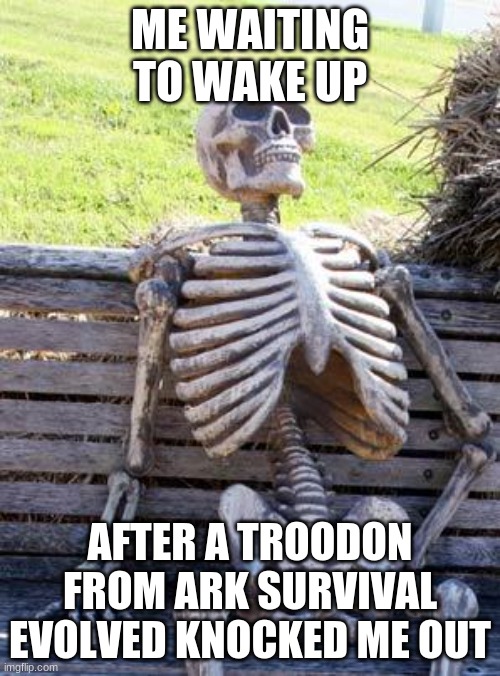 ark | ME WAITING TO WAKE UP; AFTER A TROODON FROM ARK SURVIVAL EVOLVED KNOCKED ME OUT | image tagged in memes,waiting skeleton | made w/ Imgflip meme maker