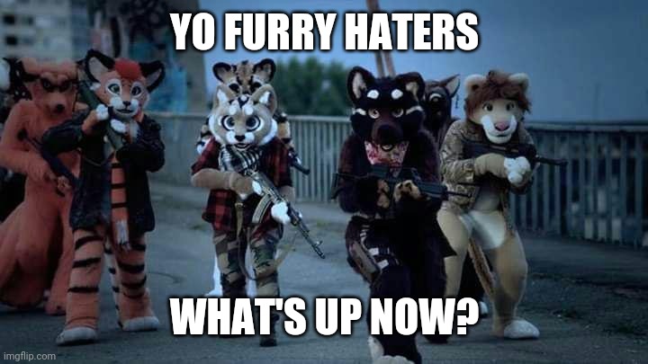 Furrys are ganging now | YO FURRY HATERS; WHAT'S UP NOW? | image tagged in furry army | made w/ Imgflip meme maker