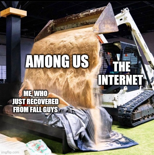 Among us | AMONG US; THE INTERNET; ME, WHO JUST RECOVERED FROM FALL GUYS | image tagged in dude perfect sand,among us,memes | made w/ Imgflip meme maker
