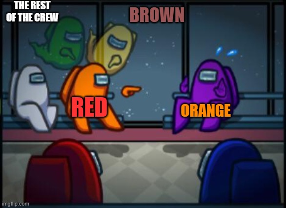 Among us blame | THE REST OF THE CREW BROWN RED ORANGE | image tagged in among us blame | made w/ Imgflip meme maker