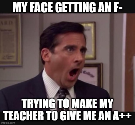me screaming at my teacher | MY FACE GETTING AN F-; TRYING TO MAKE MY TEACHER TO GIVE ME AN A++ | image tagged in memes | made w/ Imgflip meme maker