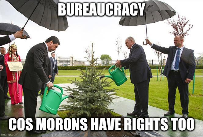 bureaucracy | BUREAUCRACY; COS MORONS HAVE RIGHTS TOO | image tagged in idiots | made w/ Imgflip meme maker