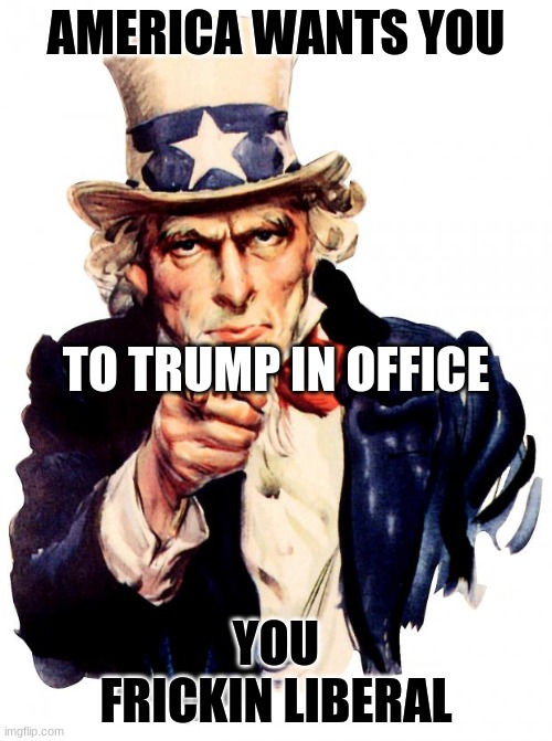 Uncle Sam | AMERICA WANTS YOU; TO TRUMP IN OFFICE; YOU FRICKIN LIBERAL | image tagged in memes,uncle sam | made w/ Imgflip meme maker