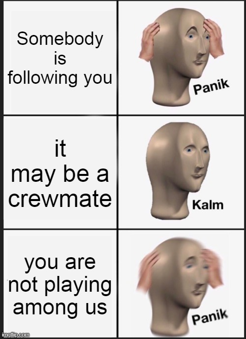 OH NO | Somebody is following you; it may be a crewmate; you are not playing among us | image tagged in memes,panik kalm panik,among us | made w/ Imgflip meme maker