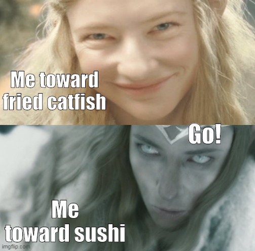 Galadriel Two Sides | Me toward fried catfish; Go! Me toward sushi | image tagged in galadriel two sides,memes,lotr,lord of the rings | made w/ Imgflip meme maker