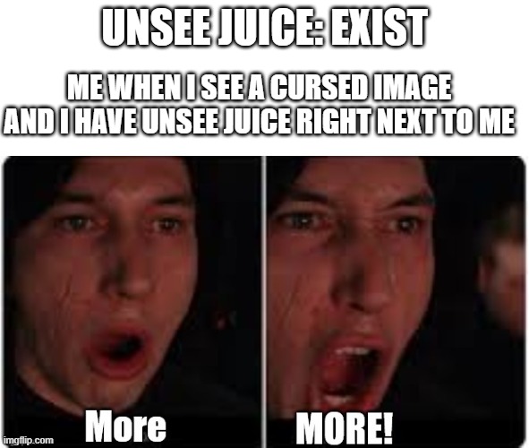 GIVE ME ALL OF THE UNSEE JUICE!!!! | UNSEE JUICE: EXIST; ME WHEN I SEE A CURSED IMAGE AND I HAVE UNSEE JUICE RIGHT NEXT TO ME | image tagged in kylo ren more,memes | made w/ Imgflip meme maker