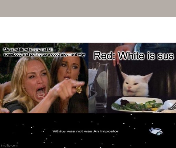 Woman Yelling At Cat | Me as white who saw red kill somebody and putting up a good argument why; Red: White is sus | image tagged in memes,woman yelling at cat,among us,there is 1 imposter among us,among us meeting | made w/ Imgflip meme maker