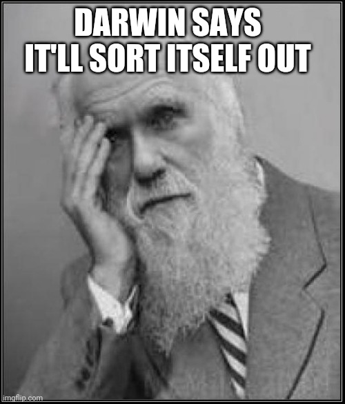 darwin facepalm | DARWIN SAYS IT'LL SORT ITSELF OUT | image tagged in darwin facepalm | made w/ Imgflip meme maker