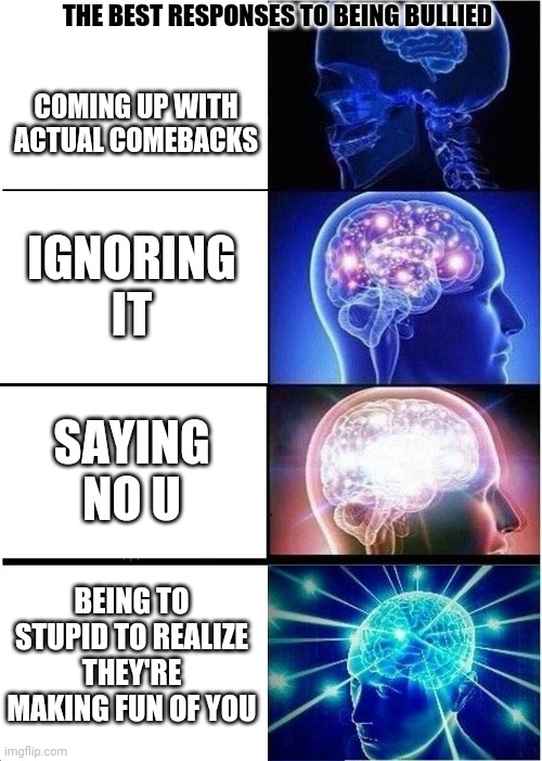 Expanding Brain | THE BEST RESPONSES TO BEING BULLIED; COMING UP WITH ACTUAL COMEBACKS; IGNORING IT; SAYING NO U; BEING TO STUPID TO REALIZE THEY'RE MAKING FUN OF YOU | image tagged in memes,expanding brain | made w/ Imgflip meme maker
