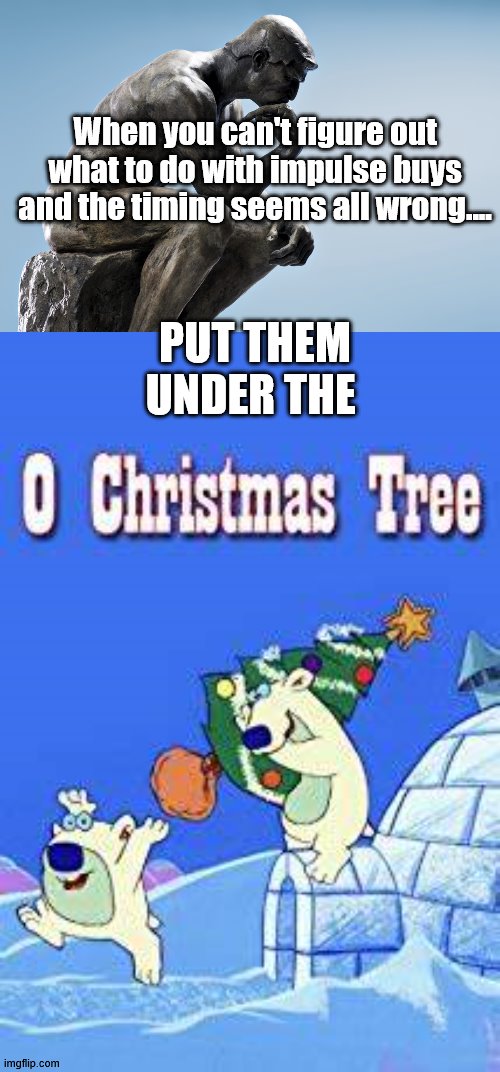 Impulse Buy gift | When you can't figure out what to do with impulse buys and the timing seems all wrong.... PUT THEM UNDER THE | image tagged in i wonder,christmas,merry christmas,christmas tree | made w/ Imgflip meme maker