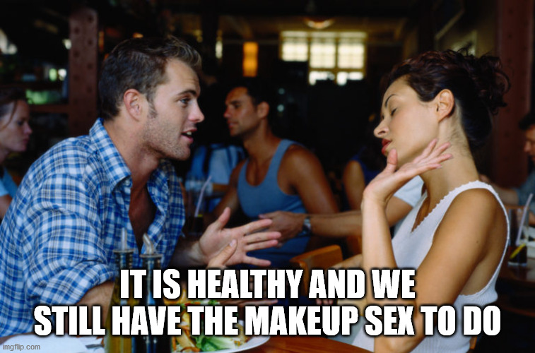 Arguing Couple | IT IS HEALTHY AND WE STILL HAVE THE MAKEUP SEX TO DO | image tagged in arguing couple | made w/ Imgflip meme maker