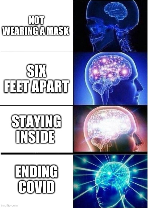 Expanding Brain | NOT WEARING A MASK; SIX FEET APART; STAYING INSIDE; ENDING COVID | image tagged in memes,expanding brain | made w/ Imgflip meme maker