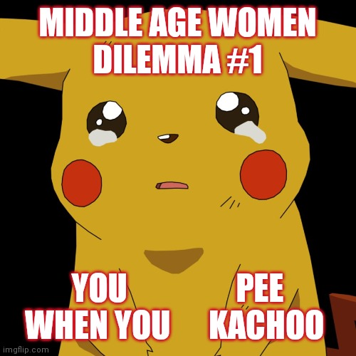 Middle age Women dilemma | MIDDLE AGE WOMEN
DILEMMA #1; YOU                 PEE
WHEN YOU      KACHOO | image tagged in pokemon,middle age,dilemma | made w/ Imgflip meme maker