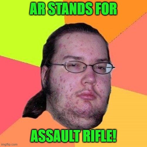 Neckbeard Libertarian | AR STANDS FOR ASSAULT RIFLE! | image tagged in neckbeard libertarian | made w/ Imgflip meme maker