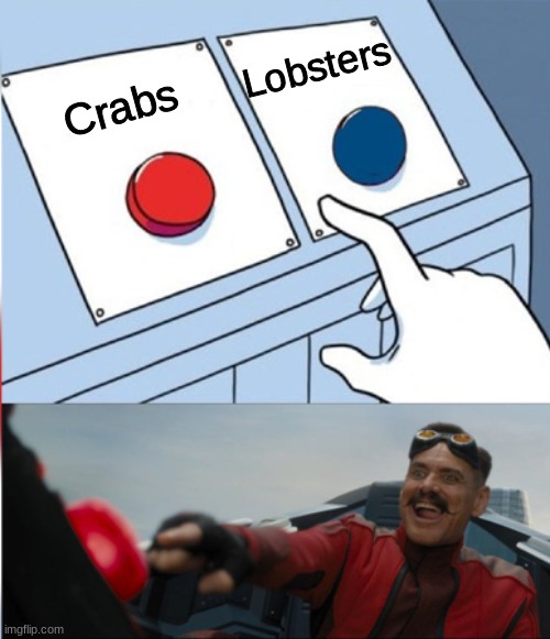 Good robotnik | Lobsters; Crabs | image tagged in red or blue,robotnik,memes,crabs,lobster,two buttons | made w/ Imgflip meme maker
