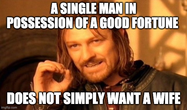 A single man does not simply want a wife | A SINGLE MAN IN POSSESSION OF A GOOD FORTUNE; DOES NOT SIMPLY WANT A WIFE | image tagged in memes,one does not simply | made w/ Imgflip meme maker