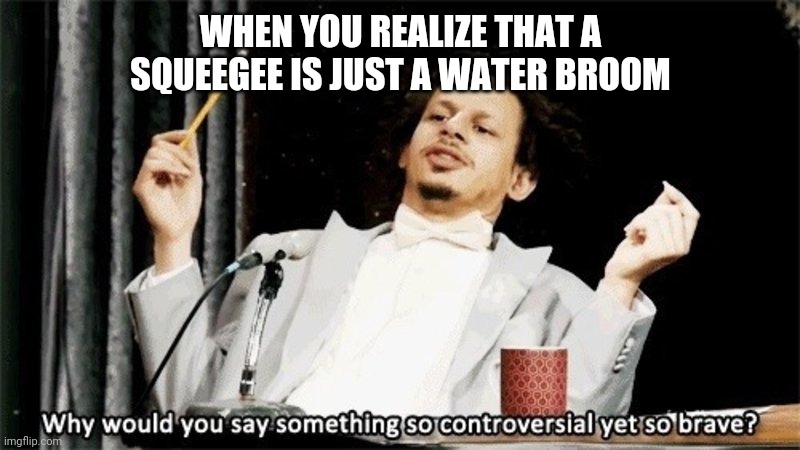 Why would you say something so controversial yet so brave? | WHEN YOU REALIZE THAT A SQUEEGEE IS JUST A WATER BROOM | image tagged in why would you say something so controversial yet so brave | made w/ Imgflip meme maker